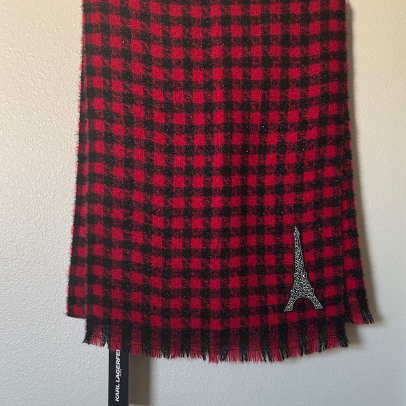 Karl Lagerfeld Red and Black ✨ glitter Scarf with Eiffel Tower Paris Design - Picture 10 of 11